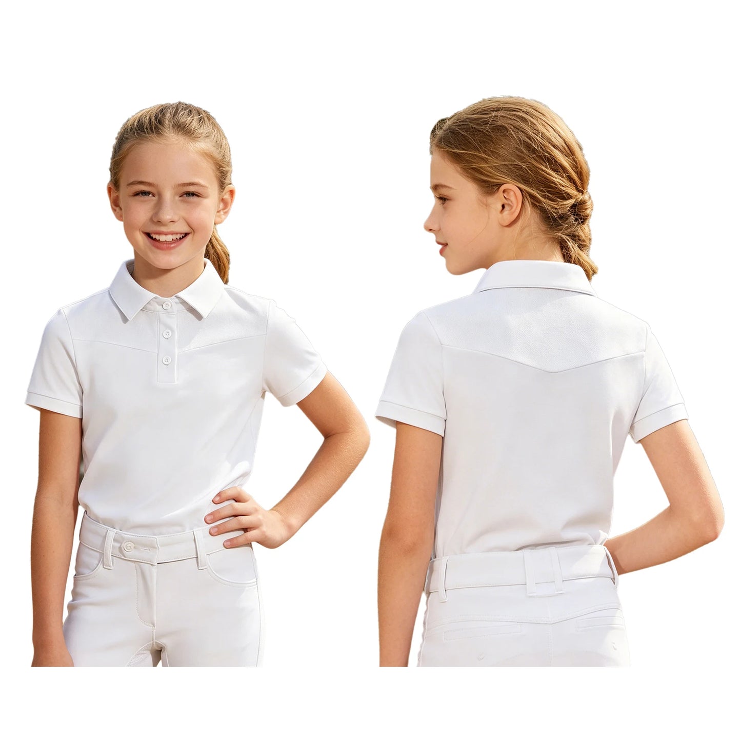 Kids Girls Horse Riding Shirts Short Sleeve Turn Down Collar Buttons T-shirt Closure Design Equestrian Costumes Sports Tops