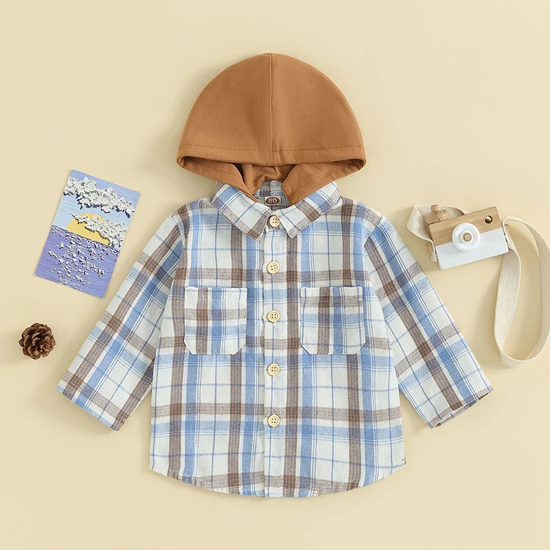 Toddler Baby Hooded Plaid Shirts Long Sleeve Button Down Pocket Tops Jackets Fall Outfits