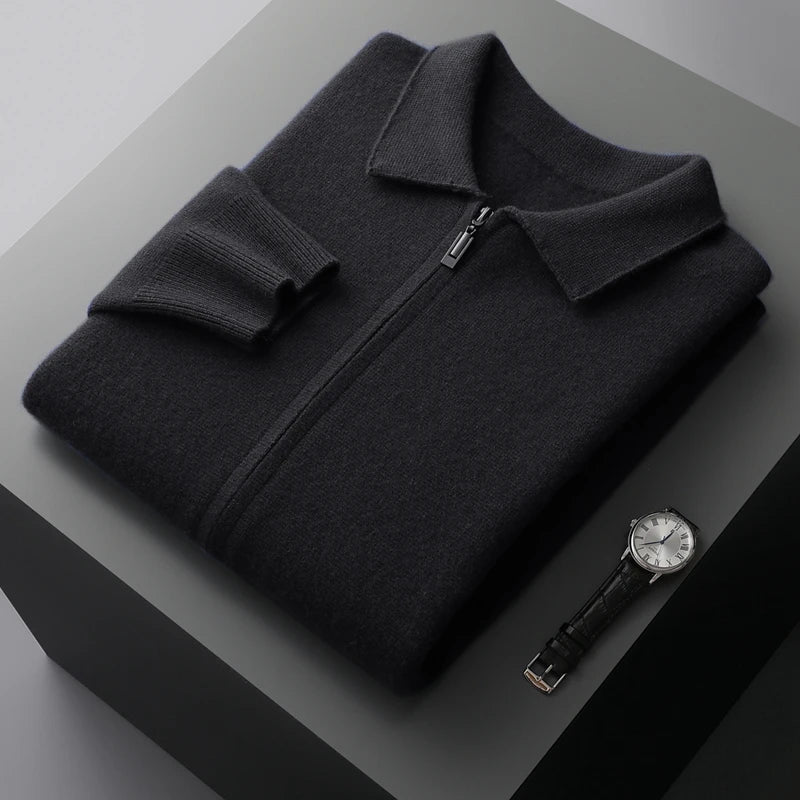 Men's Cardigan 100% Pure Cashmere Jacket Zippered Lapel Knit Sweater, Loose Thickened Long Sleeved Business Casual Autumn Winter