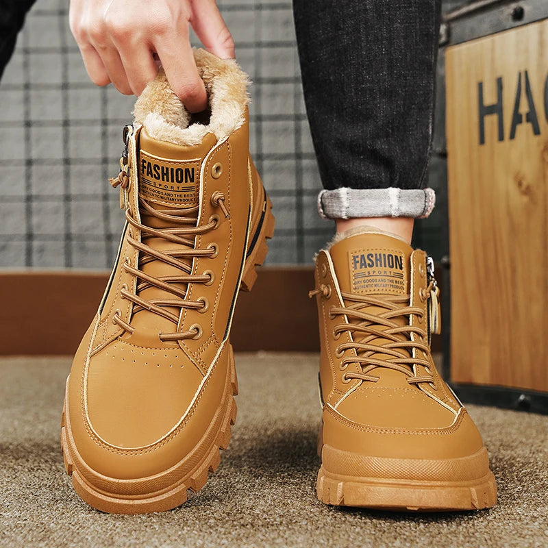 Winter Fleece-Lined Warm High-Top Men's Boots, Korean Style Versatile Men's Boots, Thickened Lightweight Cotton Shoes, Trendy Outdoor Snow Boots