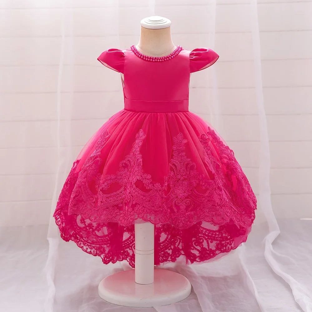 Vestido de bebé con lazo para niña, vestido de princesa de tul con cuentas, bordado de 1er cumpleaños, vestidos de fiesta para niña, disfraz de bautismo rosa