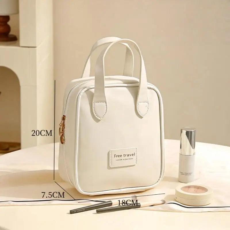 Cream Style PU Makeup Bag Portable Handheld Large Capacity Waterproof Cosmetic Organizer Bag Travel Women Beauty Storage Bag