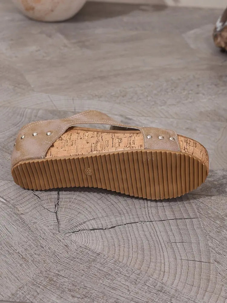 Women's Fashion Wedge Sandals Cork Platform Mules Open Toe Studded Slide Sandals Casual Summer High Heel Slides for Women Ladies