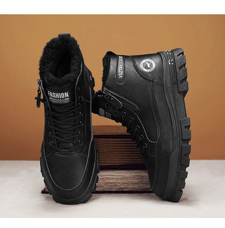 Winter Fleece-Lined Warm High-Top Men's Boots, Korean Style Versatile Men's Boots, Thickened Lightweight Cotton Shoes, Trendy Outdoor Snow Boots