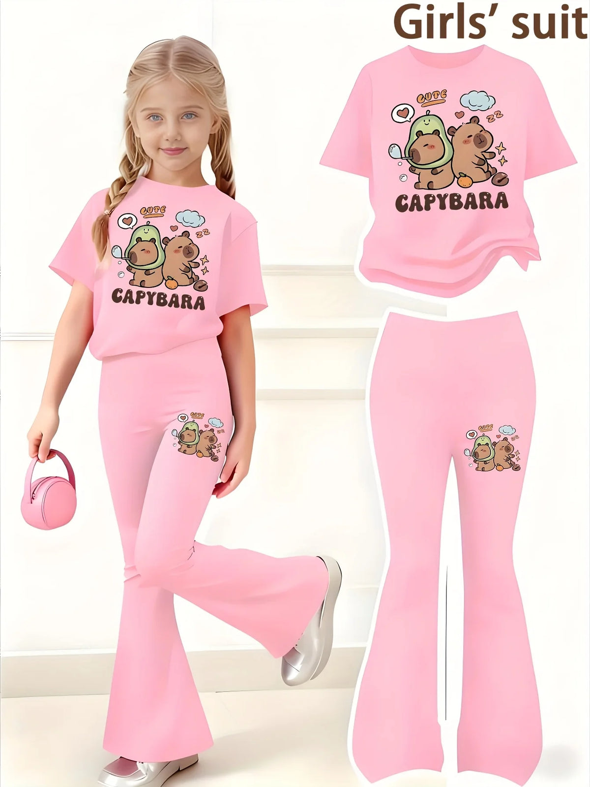 Girls' Summer Casual Outfit: Short-Sleeve T-Shirt + Flared Pants Two-Piece Set with Fun Capybara Print, Available in Green and Pink, Suitable for Girls Aged 4-12, Versatile Clothing for Home and Outings