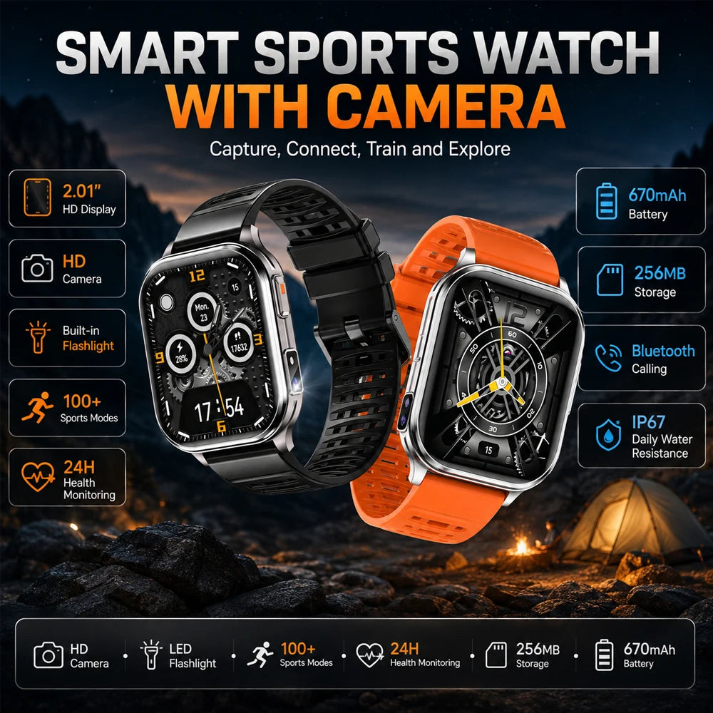 New Smart Watch 2.01" 30W Camera LED Torch 256MB Memory 670mAh Waterproof Health Monitoring 100+ Sports Mode BT Call Smart Watch