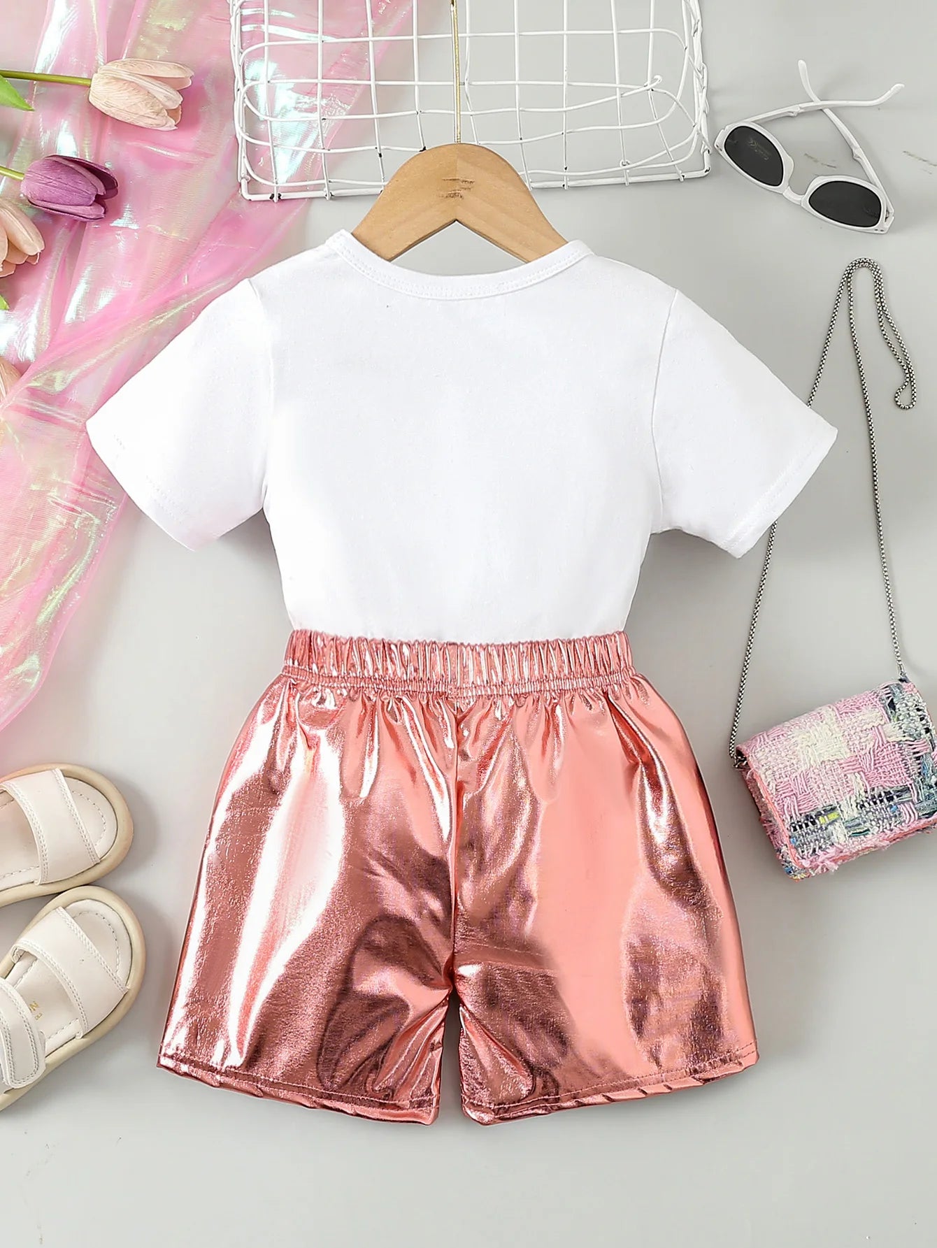 Valetine's Day Kids Girls Clothes Comfortable Short Sleeve Cute Love Embroidery T-shirt Faux Leather Shorts 2pcs Set  Outfit