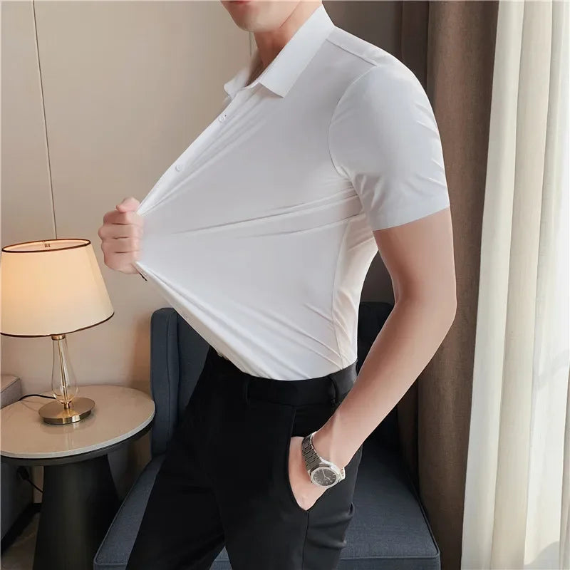 High Stretch Anti-Wrinkle Men Shirts Short Sleeves Dress Shirts High Quality Men Slim Fit Social Business Blouse Striped Shirt