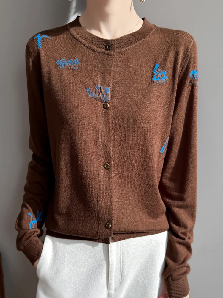 2025 New Merino Worsted Wool Women Sweater Spring Female Knitted Cardigan Long Sleeve Solid Clothing Tops Embroidery Outerwear