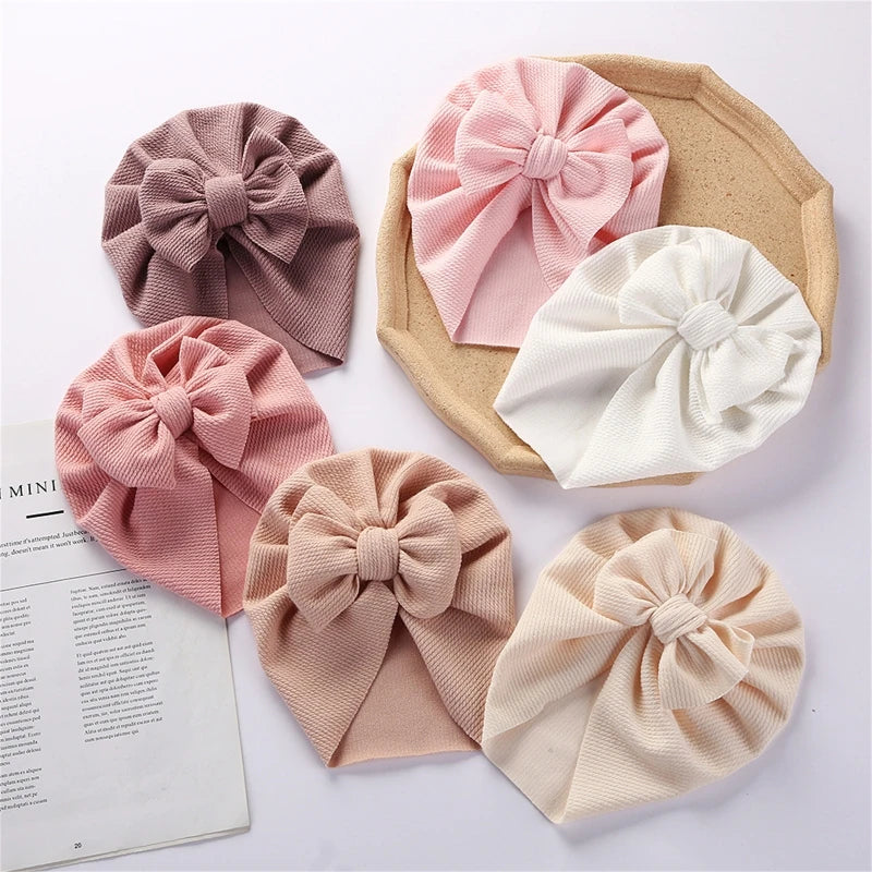 Cotton Baby Hat Solid Color Big Bow Baby Girls Beanie Cap Toddler Kids Baby Boy Turban Headwrap Hospital Caps Accessories