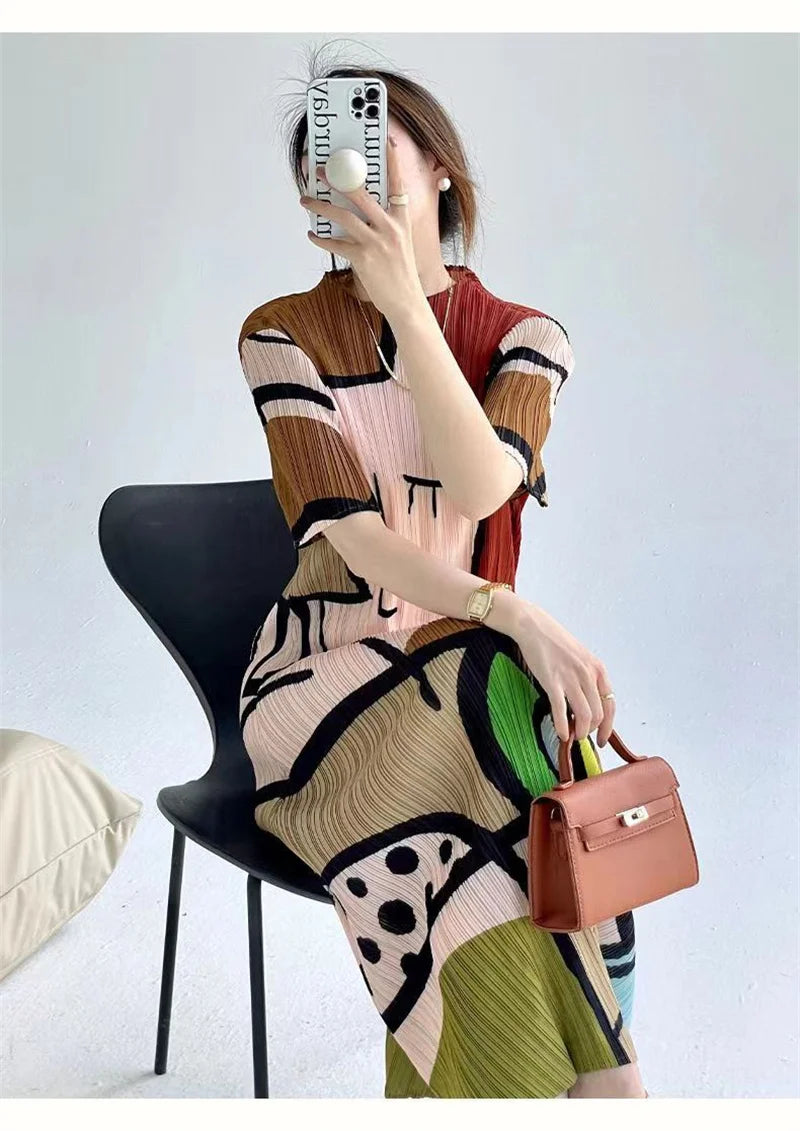 Long Dresses Womens Dresses Spring and Summer new Cartoon Printing Short Sleeve Temperament Fashion Loose Long Dress Female