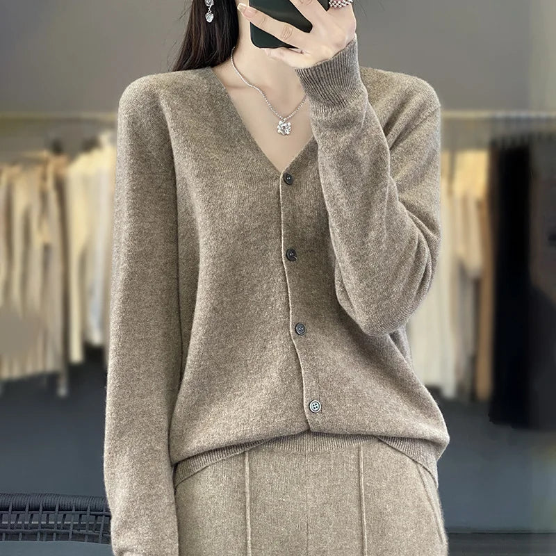 New Fashion Spring Autumn 100% Merino Wool Women's V-neck Cardigan Cashmere Sweater 2024 Female Knitwear Clothing Korean Tops