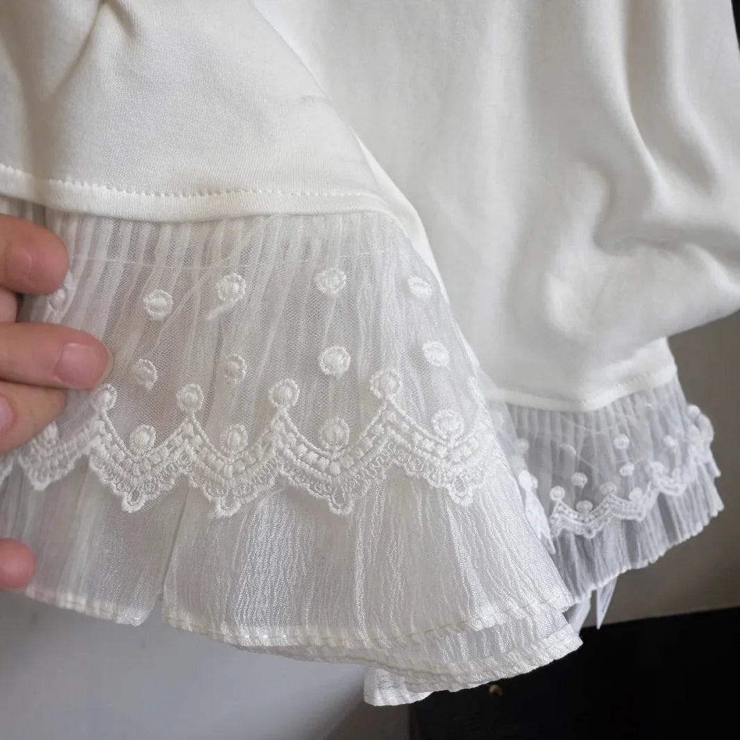 2025 Spring Summer Girls White Tee: Lace Trim Ruffle Short Sleeve Top for 3-14Y Teens Girls T-shirt Versatile Fashion Blouse