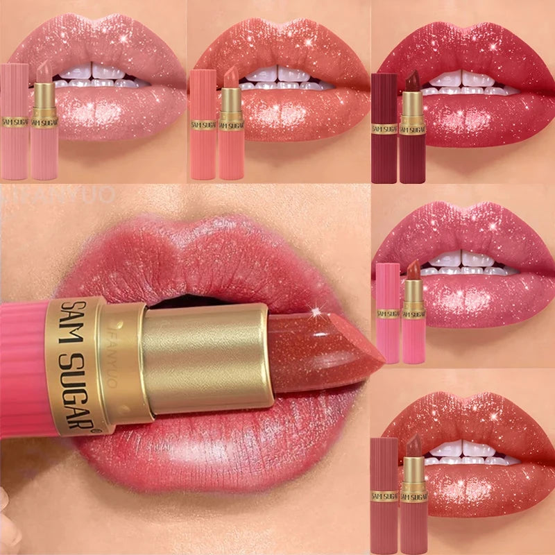 Pearlescent Pink Glitter Lipstick Metallic Waterproof Long Lasting Nude Matte Velvet Lip Stick Shimmer Diamond Women Sexy Makeup
