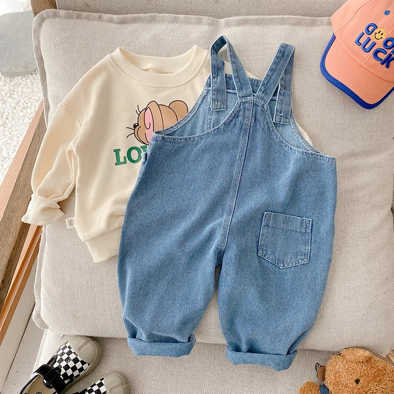 Nuevo Otoño niños Denim mono niño niño niña bolsillo suelto tirantes pantalones largos Jeans moda monos ropa