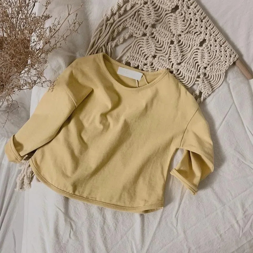 Otoño Invierno niño niña niños sólido manga larga camisa chico suelta camiseta Retro bebé algodón Tops niño Casual camisetas