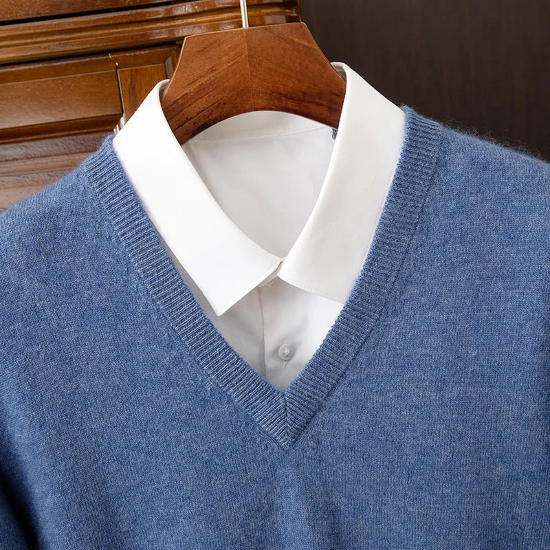 100% Cashmere Men's Pullover Casual Solid Color Knitted Sweater Loose Pull V-Neck Tops Basic Versatile Jumper