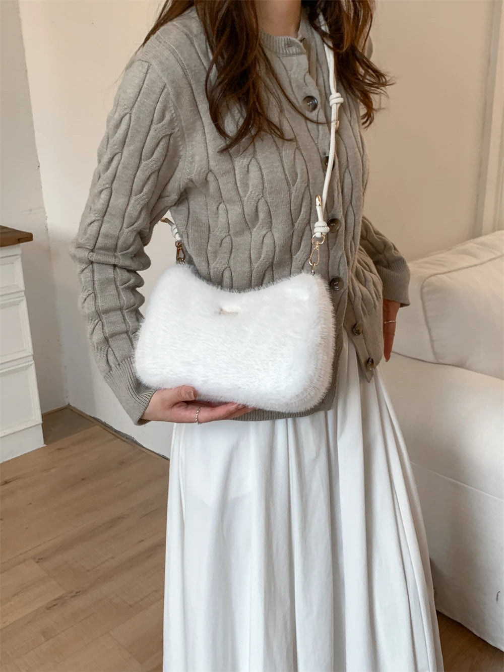 MOODS Soft Plush Crossbody Bags For Women 2025 Winter Warm Latest Luxury Designer Handbags Casual Street Shoulder Hobo Bag Lady