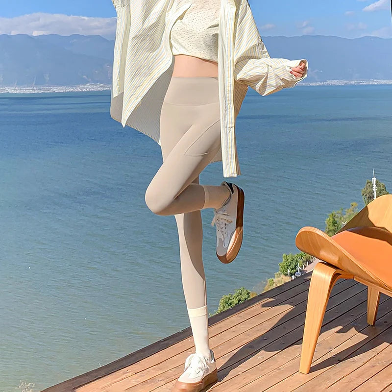 Spring Autumn Thin Sharkskin Leggings Women Side Pocket Hiking Cycling Sports Leggings Woman Naked Feeling Stretch Leggings Lady