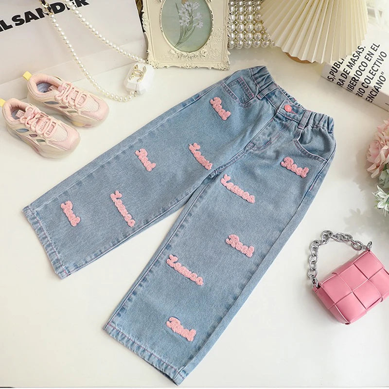3-10Y Teen Girls Clothing Set Spring Autumn Solid Color Long Sleeve Top+Letter Print Wide Leg Jeans 2Pcs For Kids Fashion Outfit