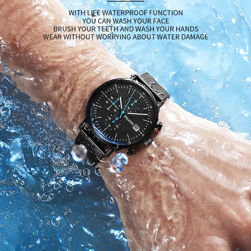 BELUSHI New Business Wrist Watches For Men Brand Sport Stopwatch Calendar Waterproof Watch Man Luminous Mesh Quartz Clock Male