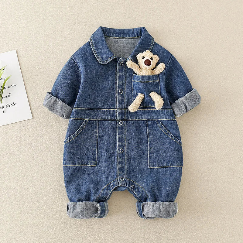 Autumn Denim Baby Jumpsuits Cute Pocket Bear Romper for Boys Girls Newborn Overalls Korean Toddler Onesie Spring Kids Clothing