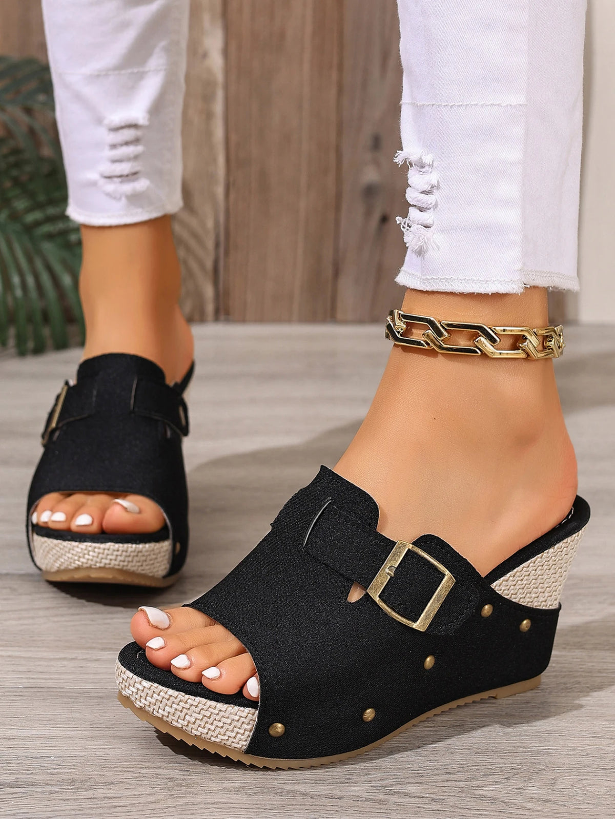 Summer Women's Espadrille Wedge Mules Black White Adjustable Buckle Open Toe Platform Sandals Rivet Decor Casual Slip-On Shoes