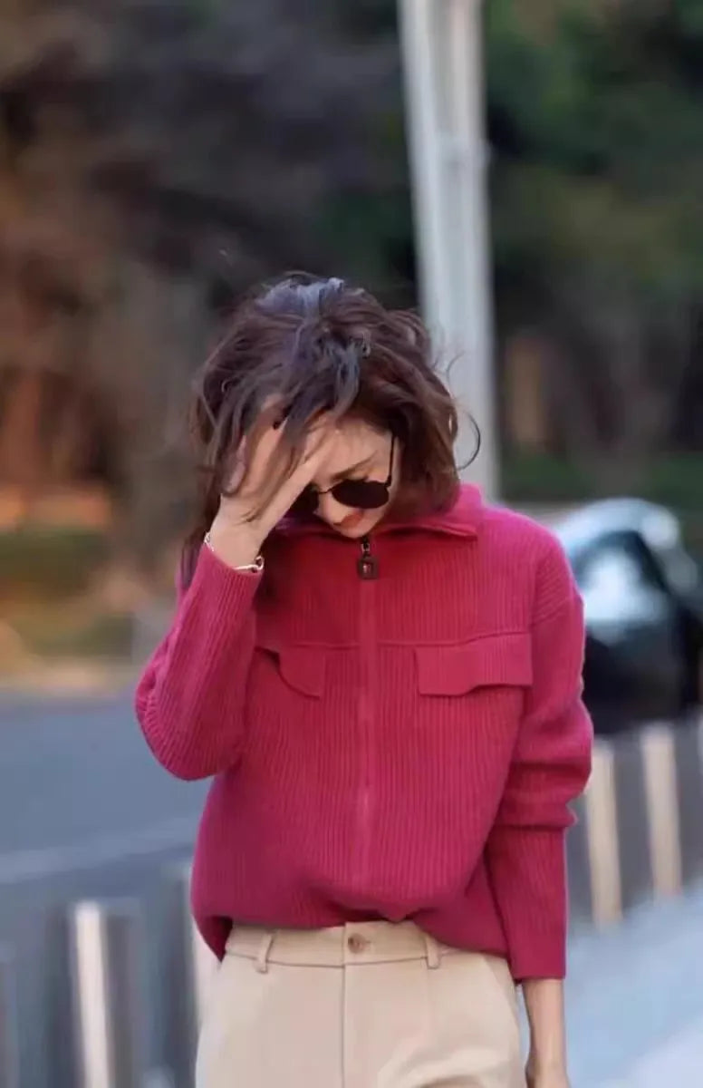 New 100% pure cashmere cardigan in autumn and winter women's POLO collar cashmere rose red coat knitted hooded sweater