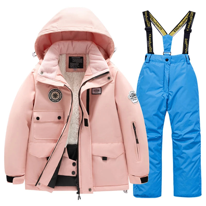 Winter children's skiing suit for boys and girls, windproof and waterproof thick coat for warmth and snow playing equipment