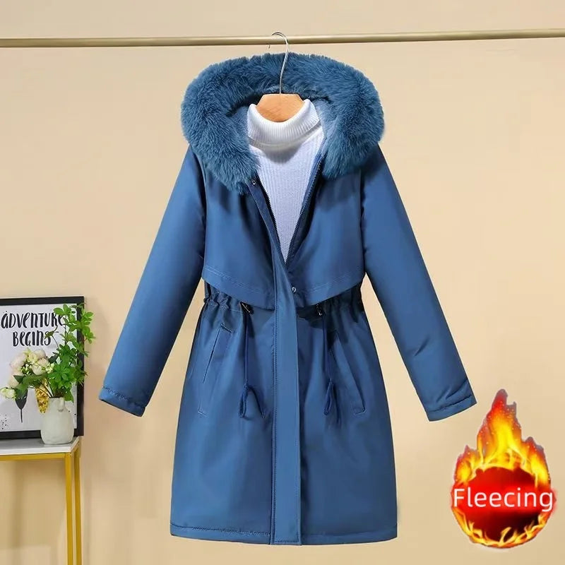 Winter Women Clothes Wool Liner Jacket Casual Thick Parka Fur Collar Long Coat Warm Hooded Snow Wear Padded Solid Colour Jackets