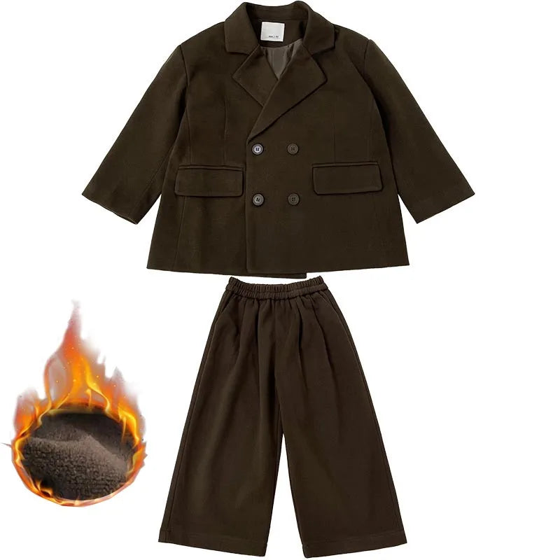 Boys Woolen Suit Set Autumn Winter Thicken Warm Casual Blazers Trousers Two-piece Children White Wedding Outfits 2 To 12 Years