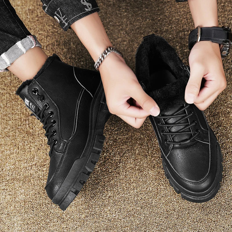 Winter Fleece-Lined Warm High-Top Men's Boots, Korean Style Versatile Men's Boots, Thickened Lightweight Cotton Shoes, Trendy Outdoor Snow Boots