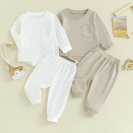 Lioraitiin 0-24M Newborn Baby Fall Outfits Girl Boy Solid Color Crewneck Oversized Sweatshirt Romper Pant Clothes Set