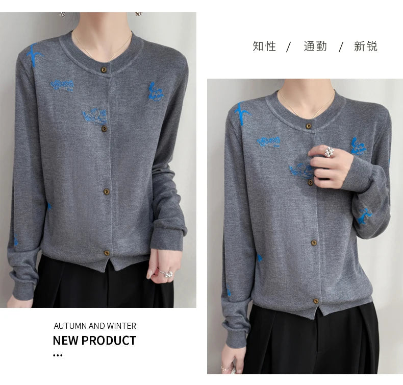 2025 New Merino Worsted Wool Women Sweater Spring Female Knitted Cardigan Long Sleeve Solid Clothing Tops Embroidery Outerwear