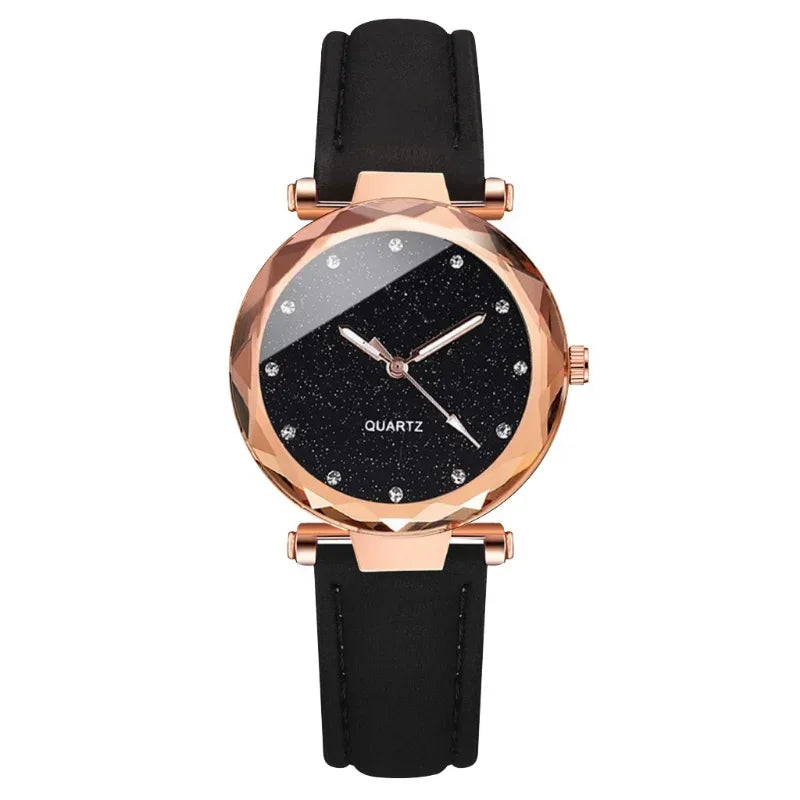 2pcs Luxury Fashion Women Watch Set PU Leather Strap Ladies Quartz Wristwatch Rhinestone RoseGold Alloy Bracelet For Ladies Gift