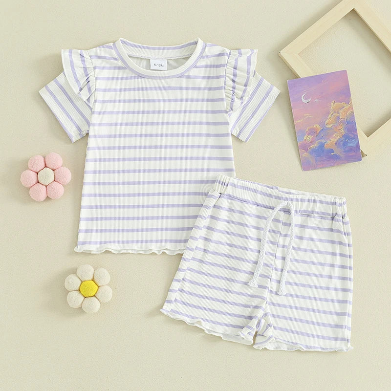 2024-01-23 Lioraitiin Conjunto de verano para niña pequeña, camiseta de manga corta con volantes y punto gofre, conjunto de pantalones cortos, conjunto de ropa de 2 uds.