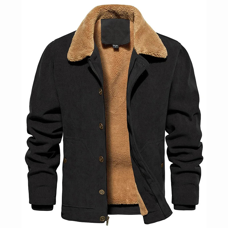 Men's Winter Corduroy Jacket Fleece Warm  Lined Cargo Work Jacket Casual Thick Sherpa Collar Trucker Deck Navy Coats