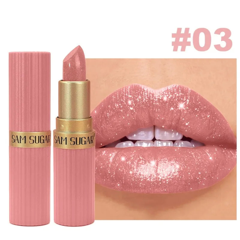 Pearlescent Pink Glitter Lipstick Metallic Waterproof Long Lasting Nude Matte Velvet Lip Stick Shimmer Diamond Women Sexy Makeup