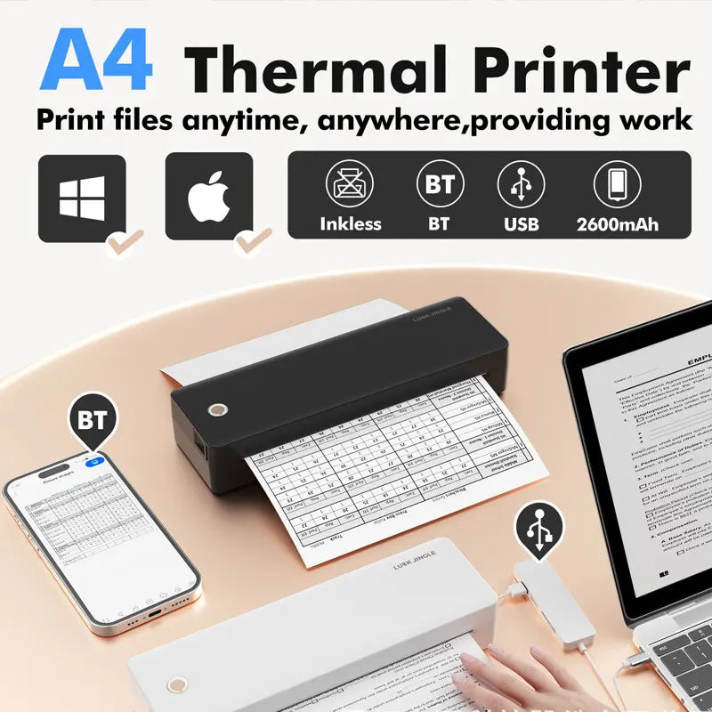 A4 Portable inkless Mini Thermal Printer Supports A4 Thermal Paper Wireless Bluetooth Mobile Travel Printers for Car & Office