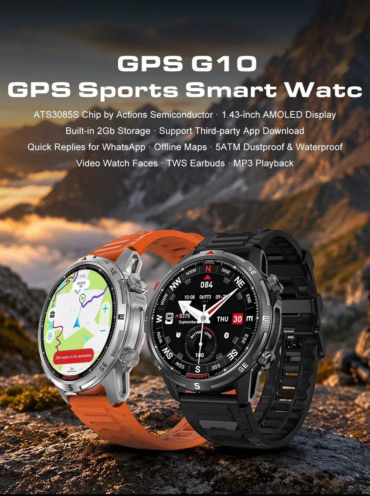New Outdoor Smart Watch 1.43inch Screen 2GB Memory Map Navigation GPS Positioning 5ATM Waterproof LED Flashlight Smart Watch