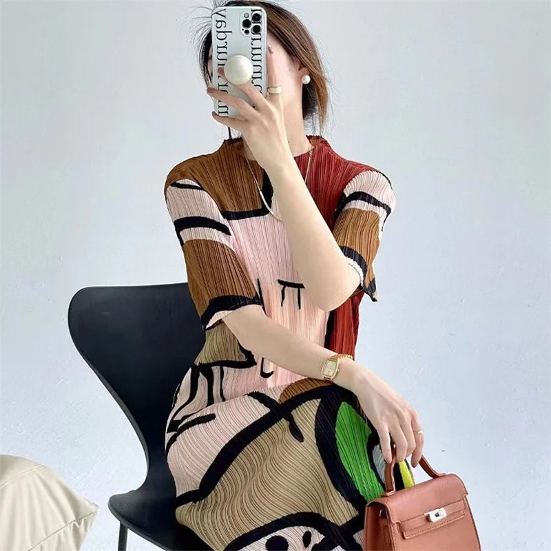 Long Dresses Womens Dresses Spring and Summer new Cartoon Printing Short Sleeve Temperament Fashion Loose Long Dress Female