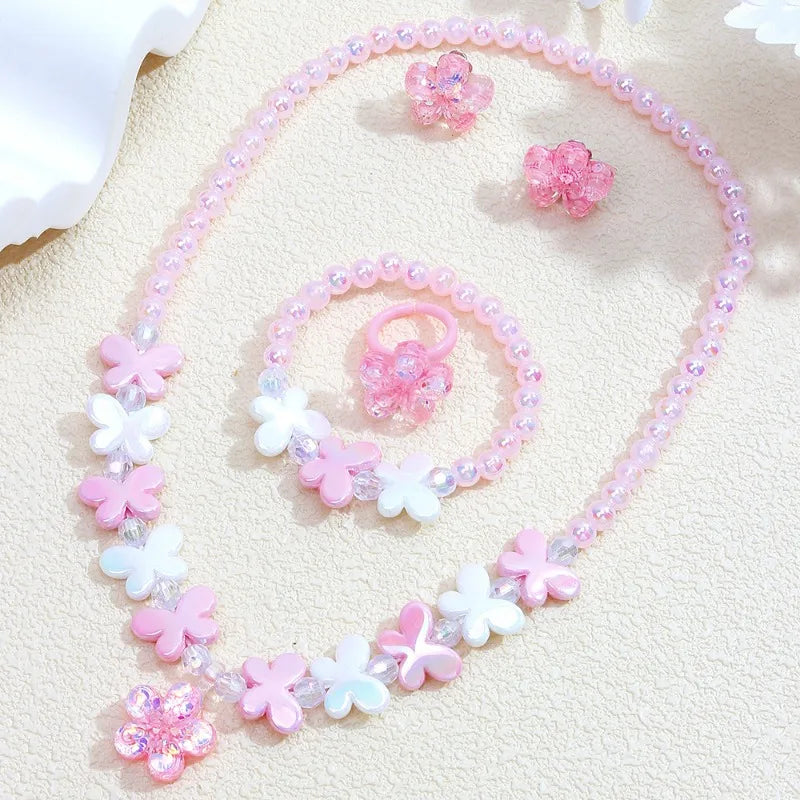 Girls' 5-Piece Jewelry: Flower Pendant, Earrings, Ring, Beaded Necklace & Bracelet, Cute Versatile Kids' Accessories