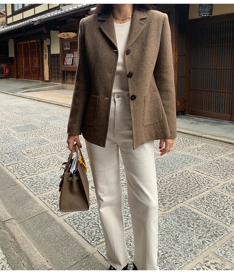 50 Wool Women Notched Collar Blazer Jacket Coat Fall Winter Thick Warm Overcoat Pocket Fashion Slim Waist Buttons Coat 2024 New