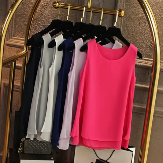 Women Tank Top White Blue Red Chiffon Summer O Neck Sleeveless Tops Vest Shirts Female Office Work Tops fashion clothing