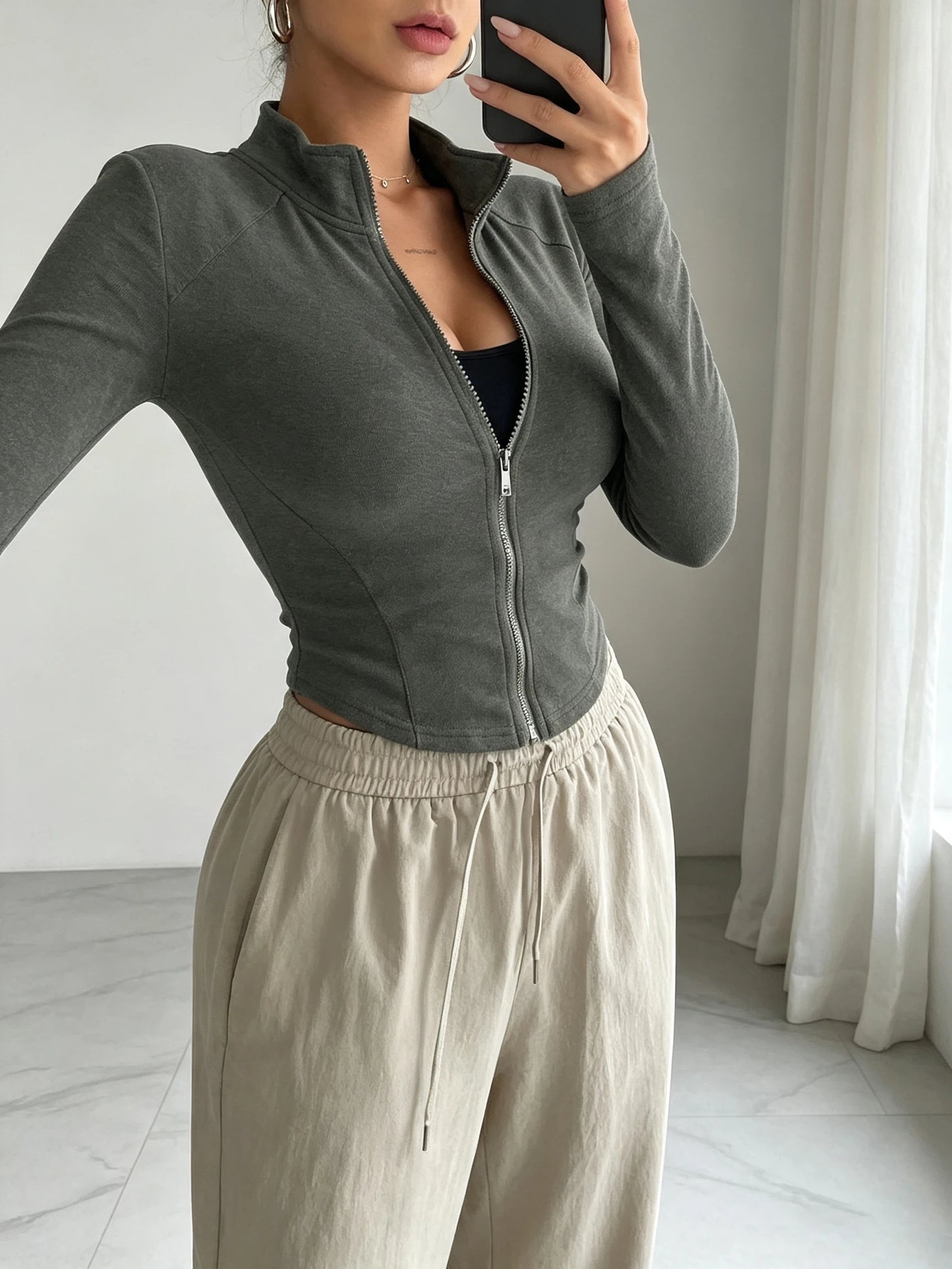 Women's Fall Winter Knit Zip Up Jacket Slim Fit Stand Collar Long Sleeve Versatile Casual Sporty Cardigan