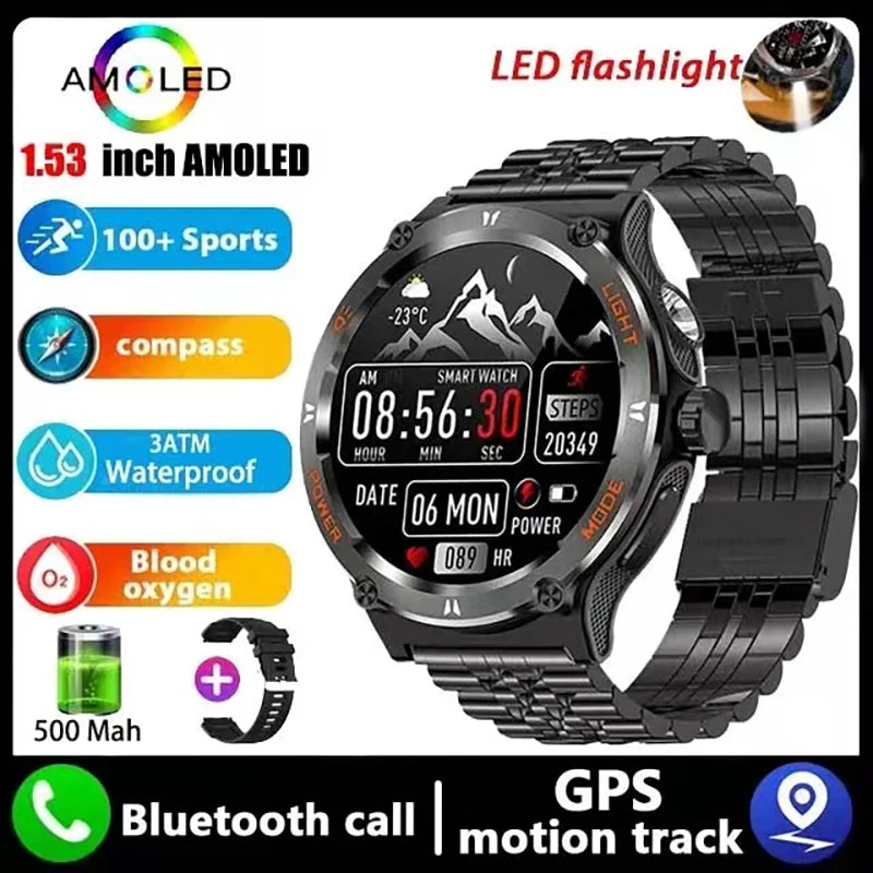 New Flashlight watch For  GPS NFC Smart Watch Men  AMOLED Screen Heart rate Bluetooth Call IP68 Waterproof Man Watch 500mAh