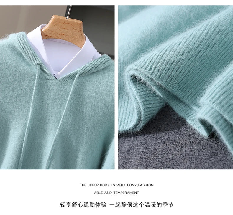 Men's Clothing: 100% Pure Mink Cashmere Knitted Sweater Casual And Loose Large-Sized Hooded Pullover Autumn Winter New Products