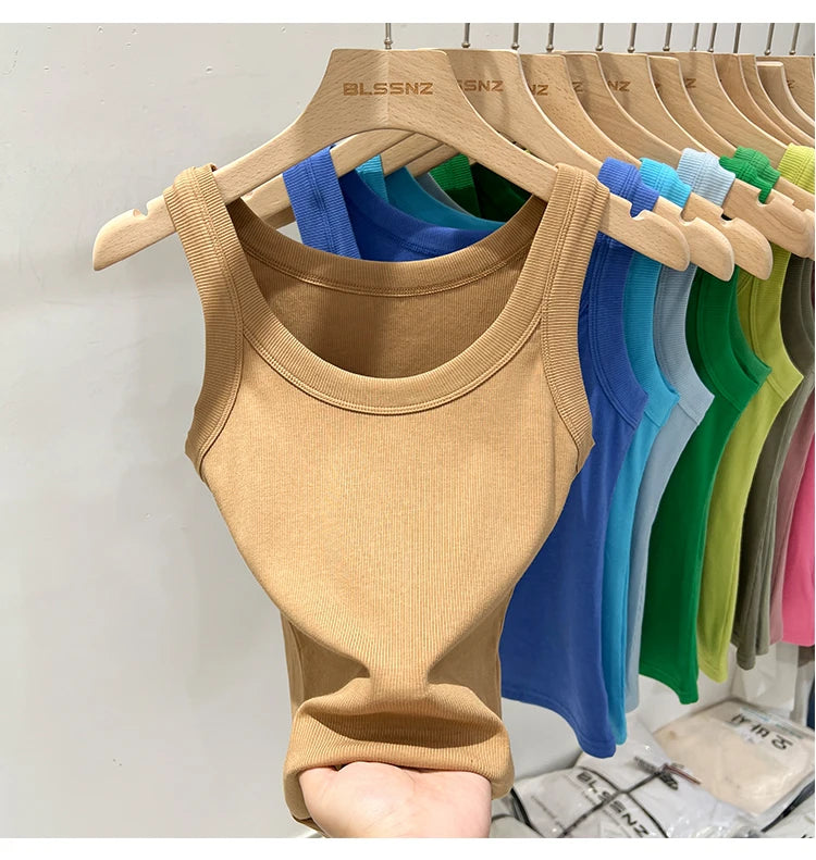 Women Solid Round Neck Ribbed Tank Top Camisole Women 2026 Summer Basic Elastic Tank Top O Neck Solid Tank Top