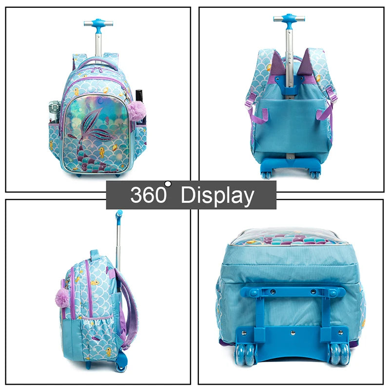 Children's Rolling Backpack Set Wheeled Schoolbag Kids Backpack with Insulated Lunch Bag and Pencil Case for Boys and Girls