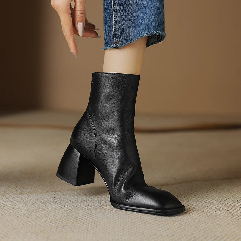 2024 Autumn/winter Women Boots High Heels Square Toe Short Boots Women Shoes Office Lady Gladiator Lady Shoes Genuine Leather